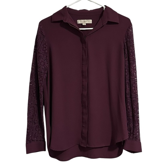 Loft Burgundy Plum Dressy Long Sleeve Lace Blouse Button Down Top Shirt XS - Picture 2 of 10